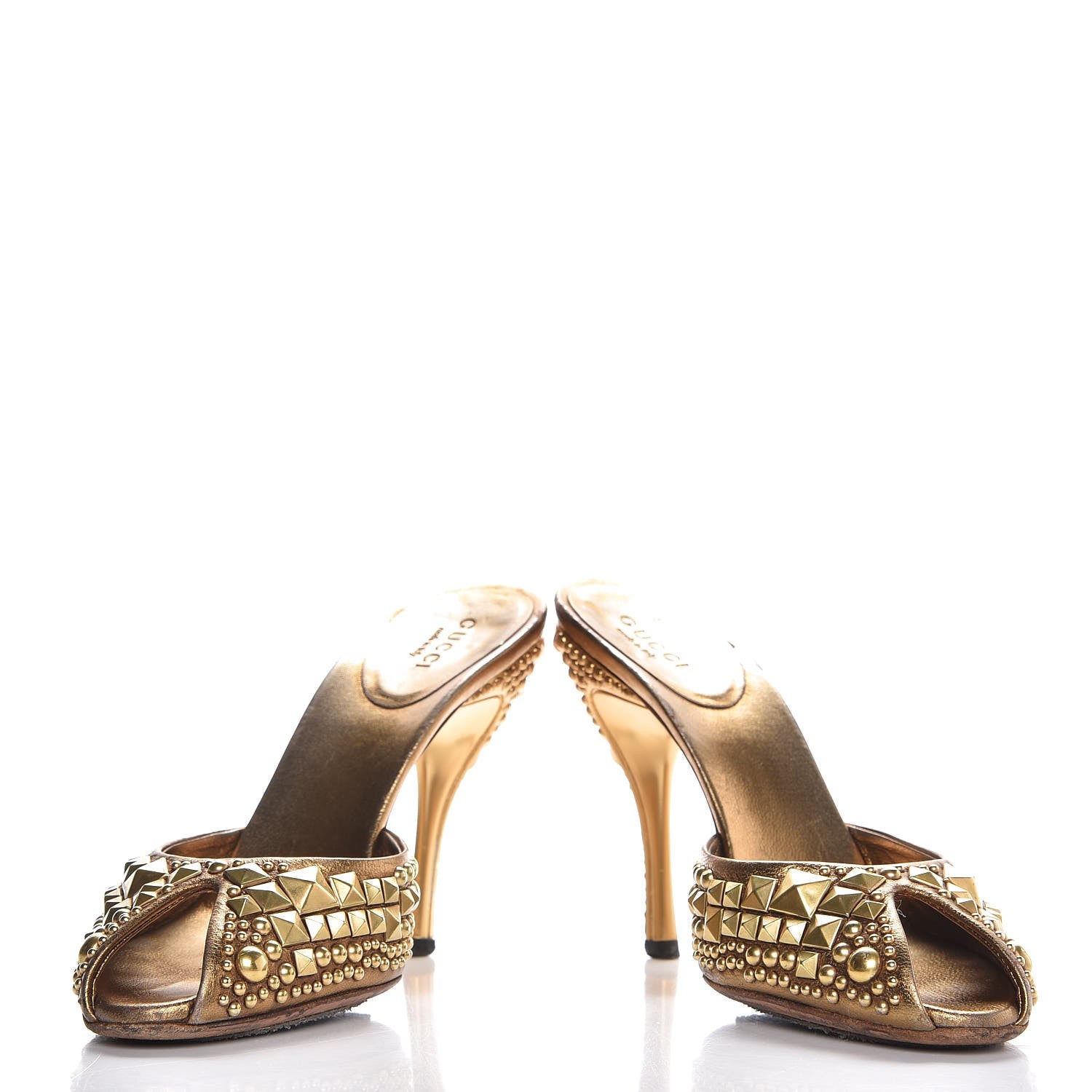 Gucci Calfskin Studded Peep Toe Mules 6.5 Gold 5 of 17