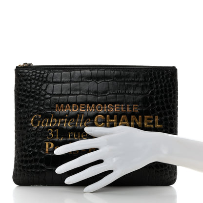 Chanel Calfskin Crocodile Embossed Cocodile Medium Cosmetic Case Black Gold 2 of 7