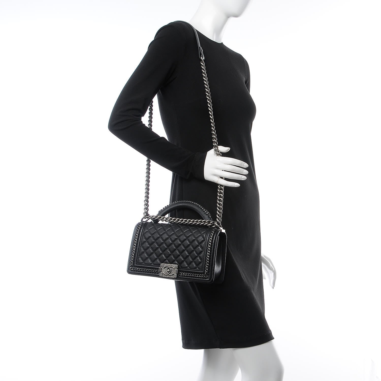 Chanel Calfskin Quilted Medium Boy Top Handle Flap Black 2 of 8