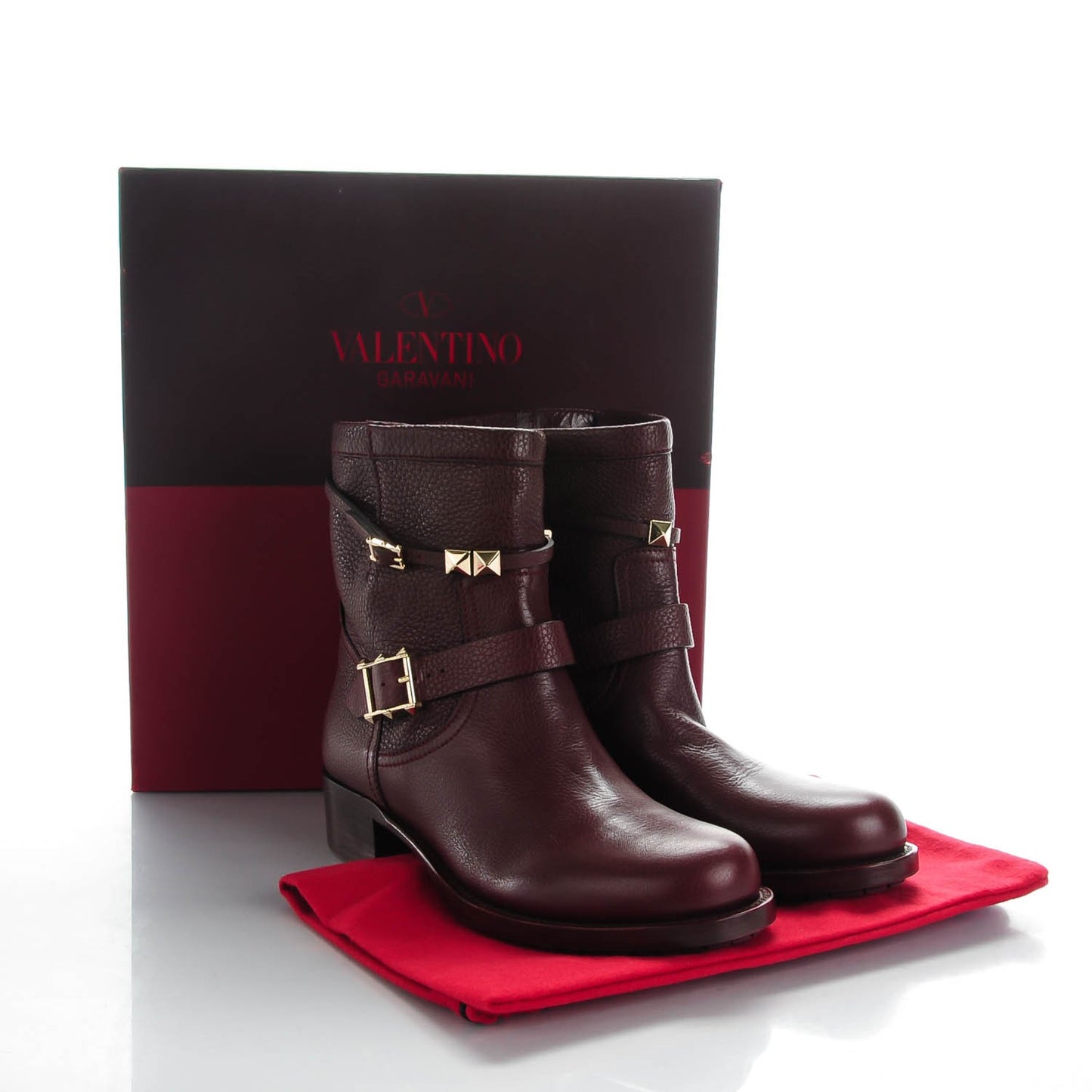 Pebbled Calfskin Rockstud Biker Boots 39.5 Rubin