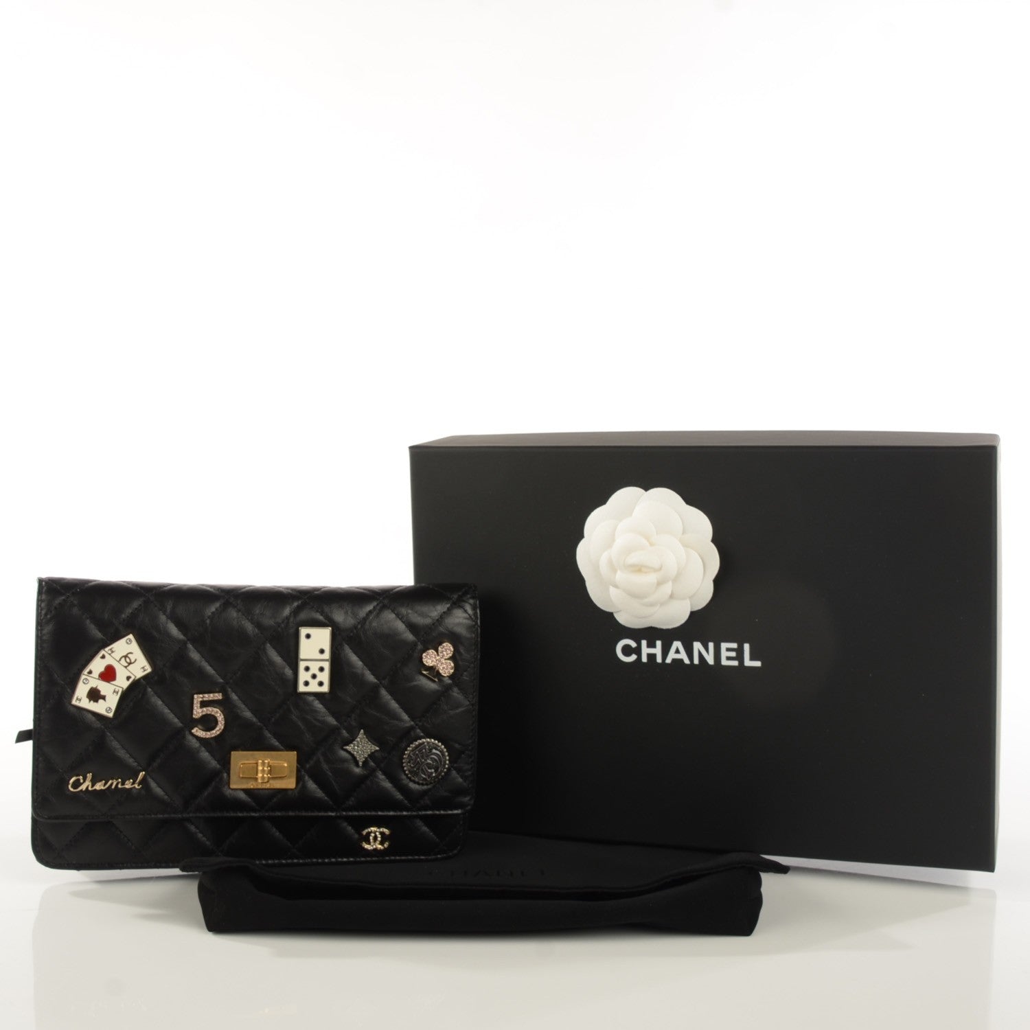 Chanel Aged Calfskin Lucky Charms Casino 2.55 Reissue Wallet on Chain WOC Black 5 of 9