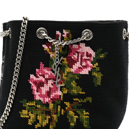 Saint Laurent Woven Wool Embroidered Baby Emmanuelle Bucket Bag Black 8 of 10