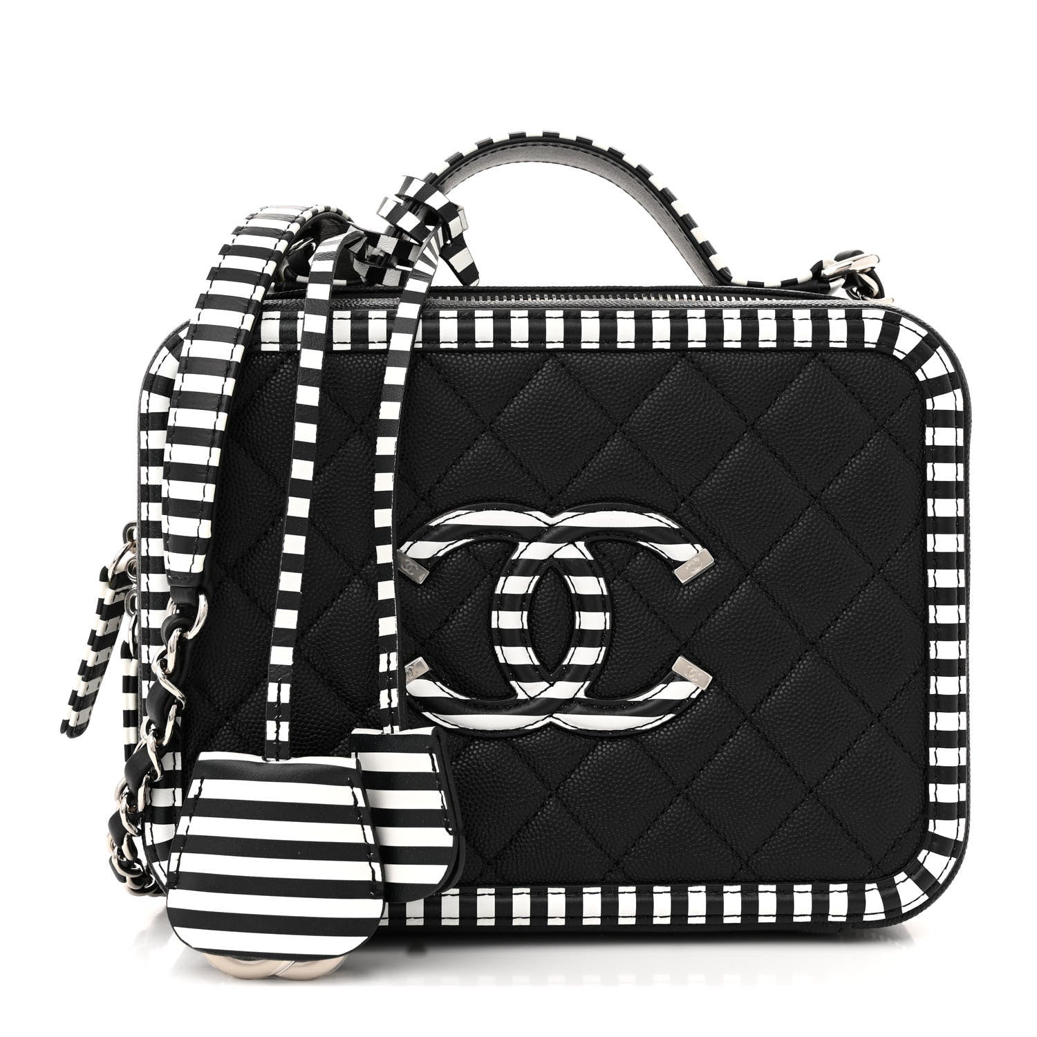 Chanel Caviar Quilted Striped Medium CC Filigree Vanity Case Black White 1 of 10