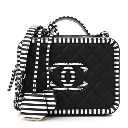 Chanel Caviar Quilted Striped Medium CC Filigree Vanity Case Black White 1 of 10