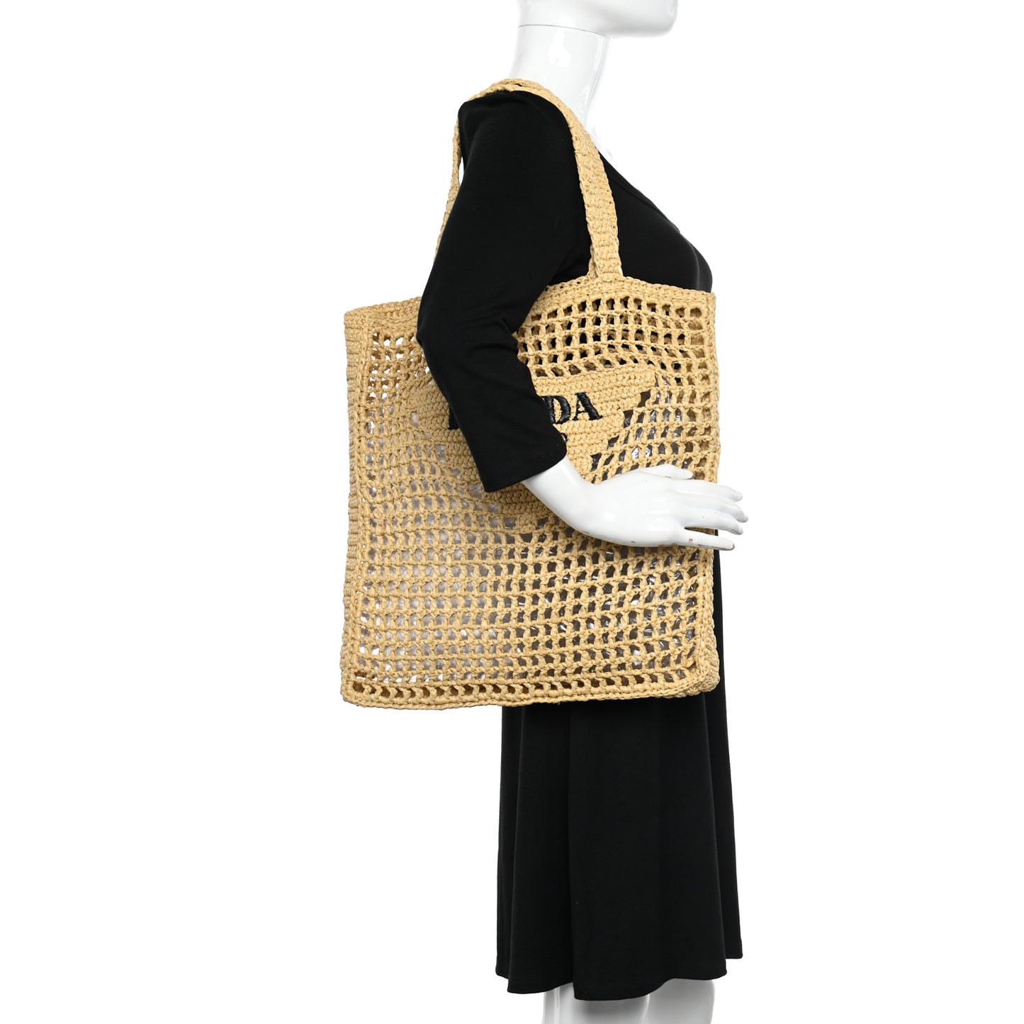 Yarn Raffia Effect Crochet Logo Embroidered Tote Bag Naturale