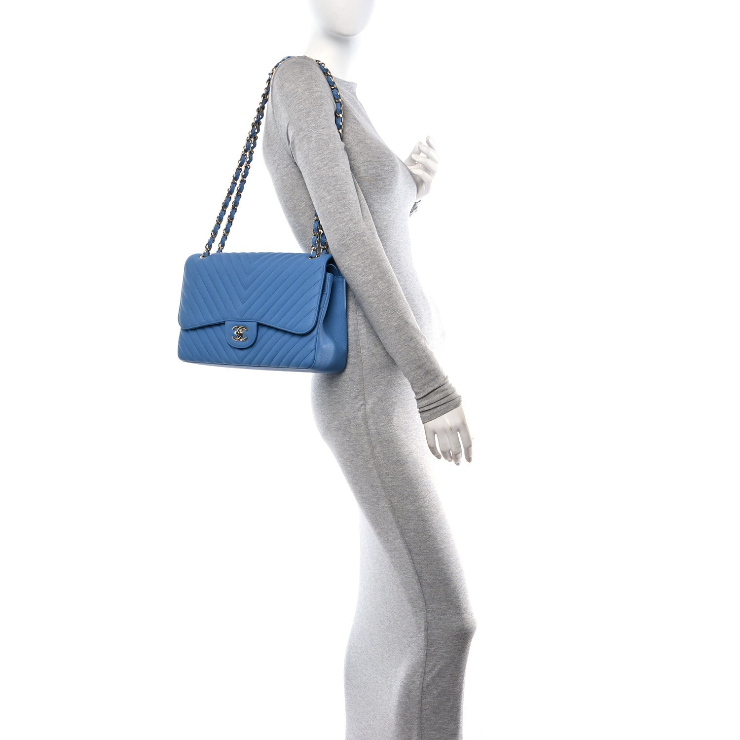 Chanel Caviar Flat Chevron Quilted Jumbo Double Flap Blue 2 of 11