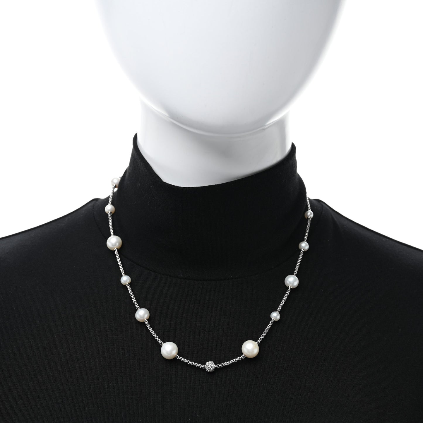 Sterling Silver Diamond Cultured Pearl Pave Station Necklace