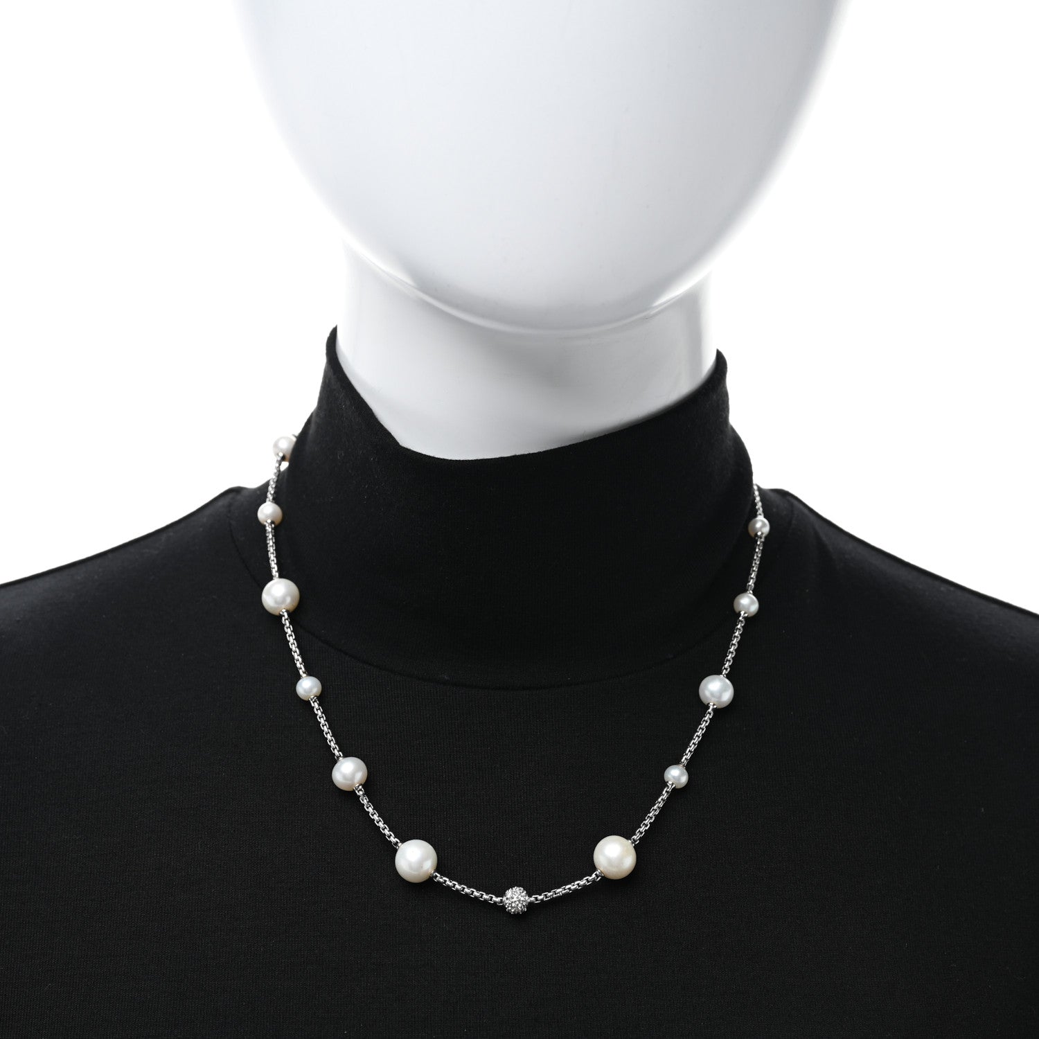 David Yurman Sterling Silver Diamond Cultured Pearl Pave Station Necklace 3 of 5