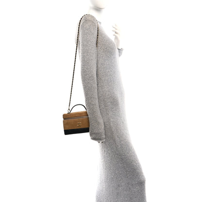 Chanel Suede Calfskin Shiny Lambskin Stitched Top Handle Slim Vanity Case With Chain Beige Black 2 of 11