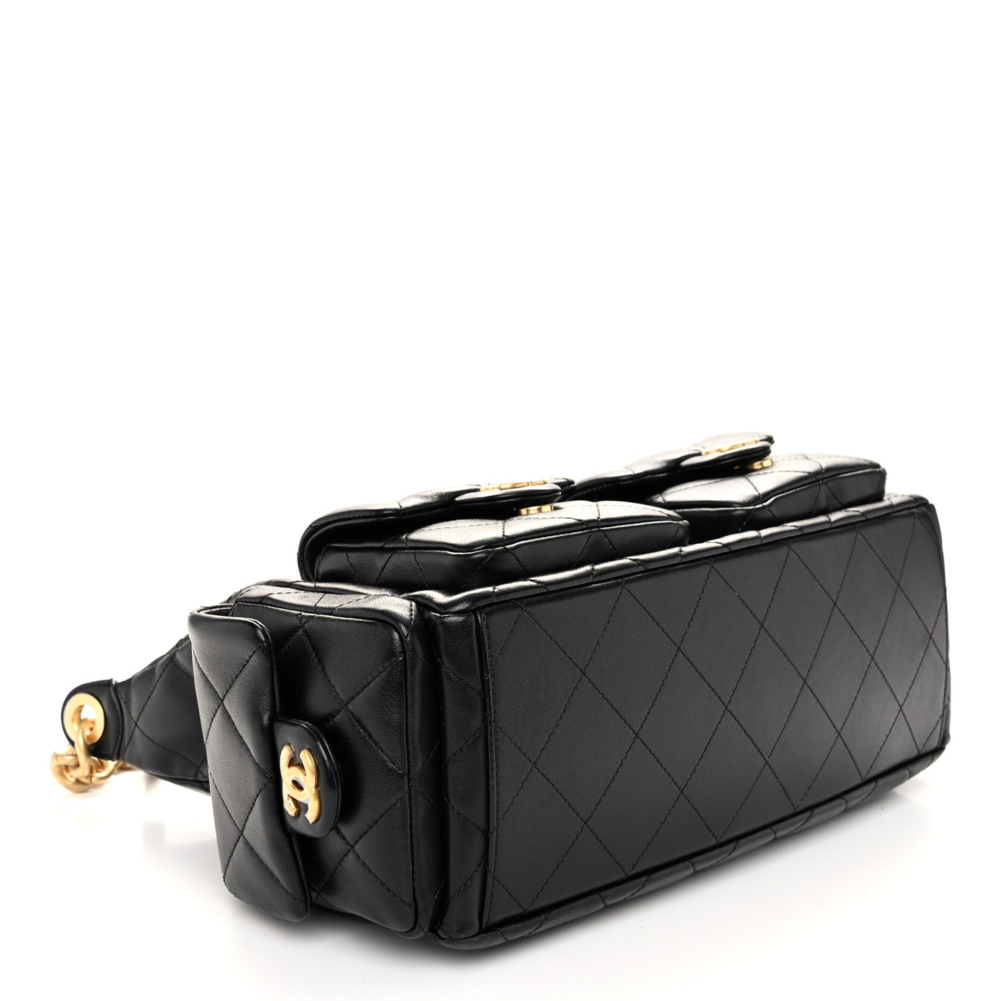 Shiny Lambskin Quilted Trendy Pockets Hobo Black