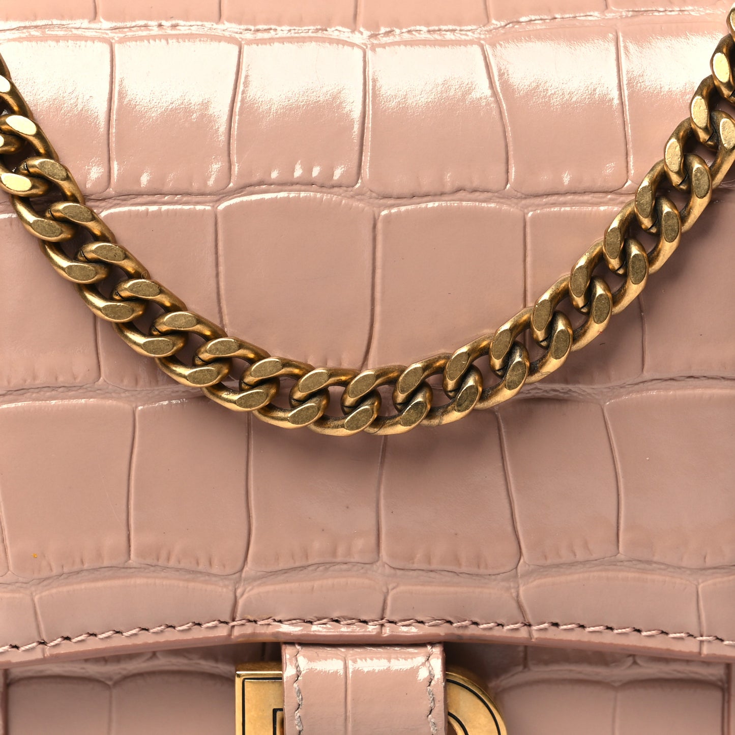 Shiny Calfskin Crocodile Embossed Hourglass Chain Bag Nude Beige