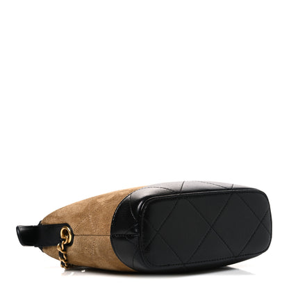 Chanel Suede Calfskin Shiny Lambskin Quilted Coco Base Hobo Clutch With Chain Beige Black 4 of 10