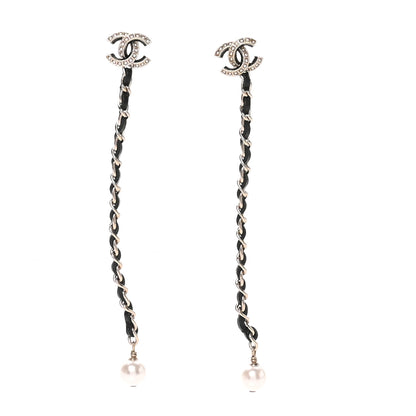 Chanel Lambskin Chain Crystal Pearl CC Drop Earrings Gold 1 of 4