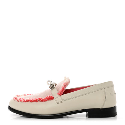Hermes Toile Calfskin Fray Fray Womens Destin Loafer 38.5 Beige Glaise Framboise 1 of 9