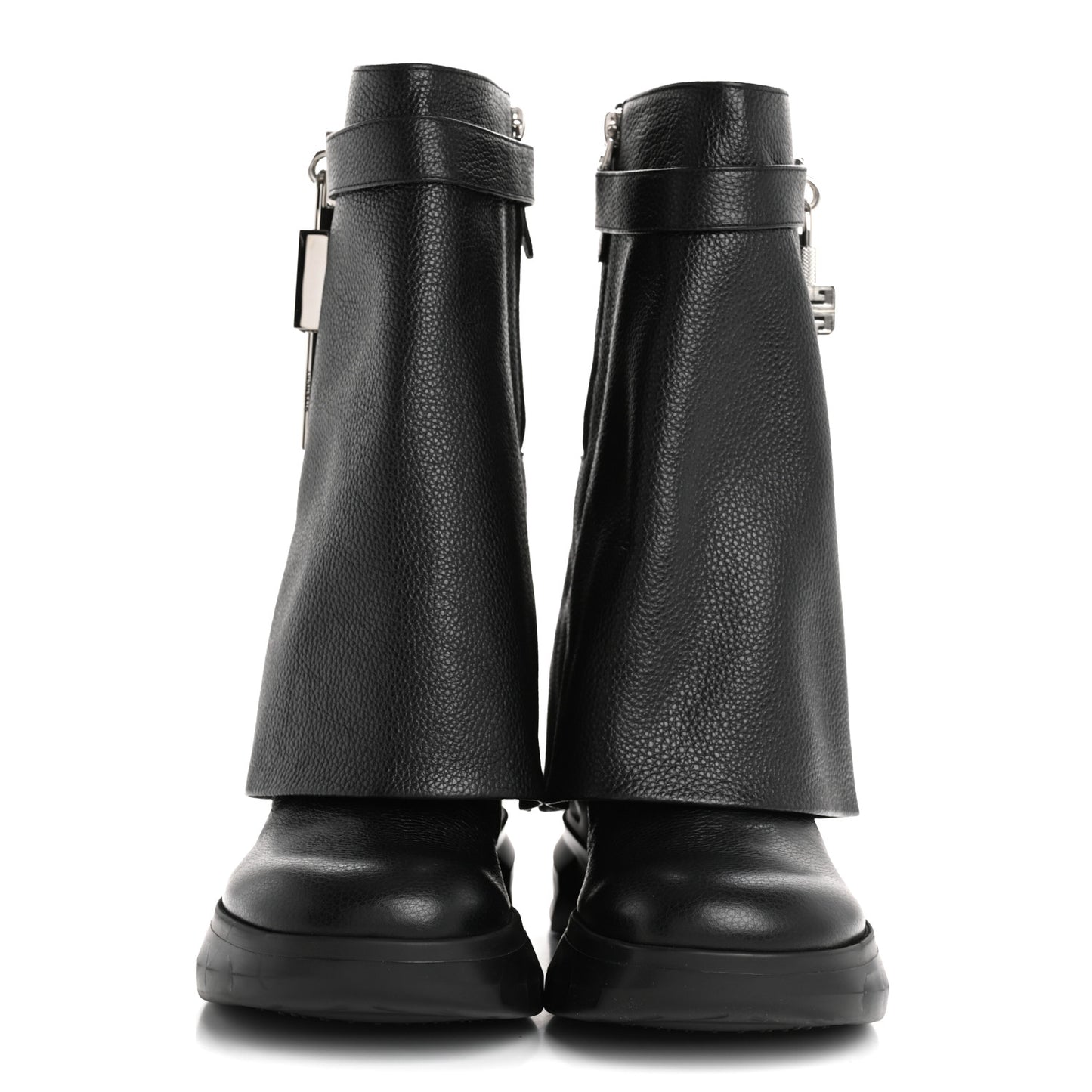 Grained Calfskin Shark Lock Biker Ankle Boots 37 Black