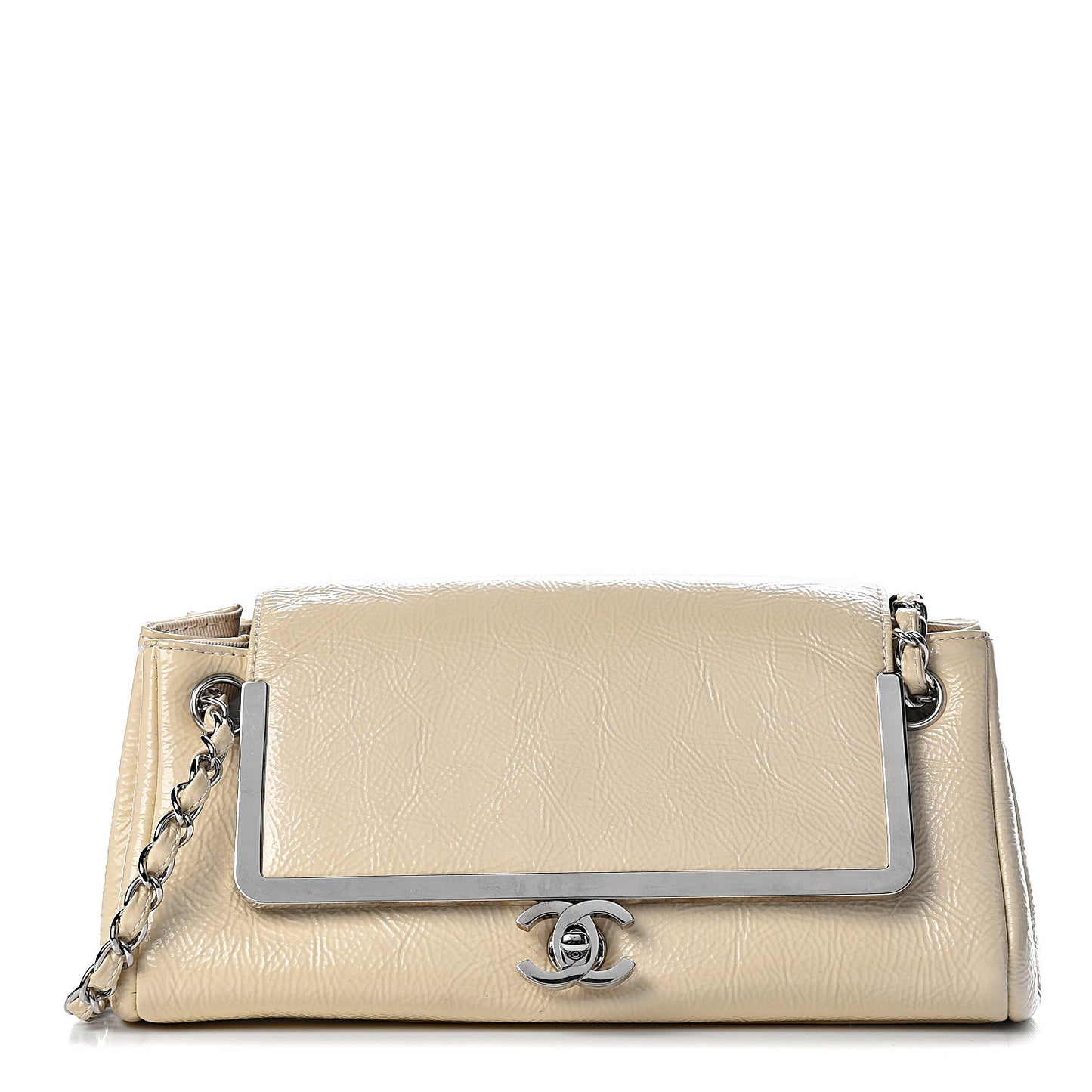 Distressed Patent Calfskin Frame Accordion Flap White