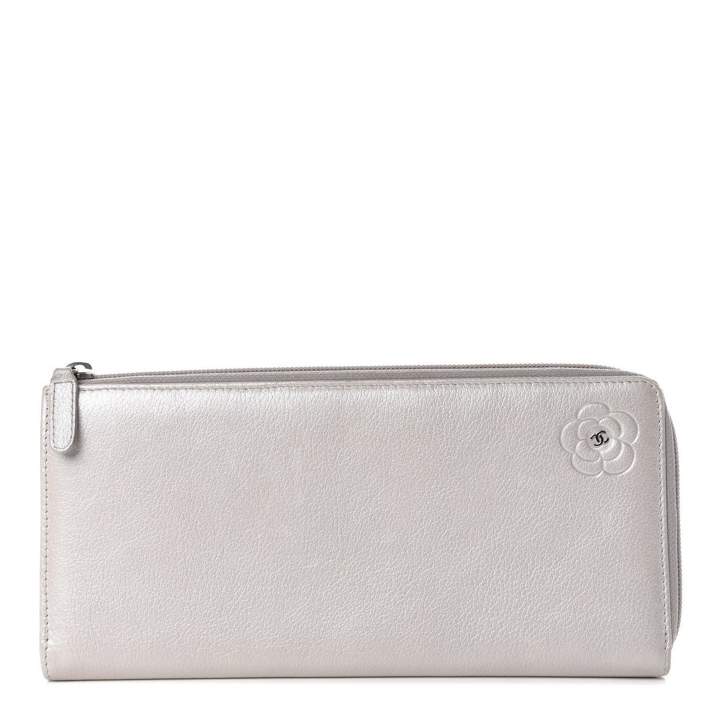 Goatskin Camellia Embossed Zip Around Wallet Silver