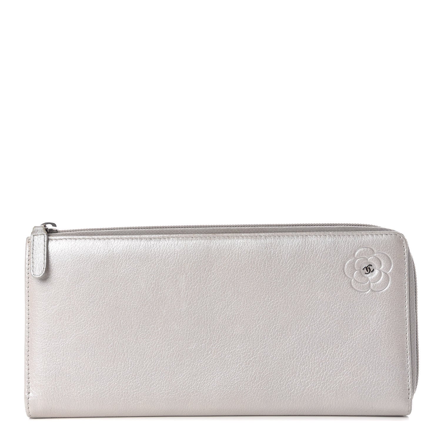 Chanel Goatskin Camellia Embossed Zip Around Wallet Silver 1 of 12