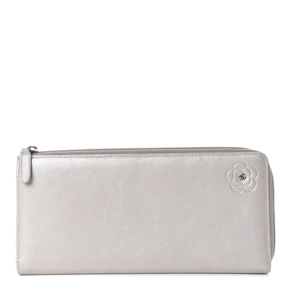 Chanel Goatskin Camellia Embossed Zip Around Wallet Silver 1 of 12