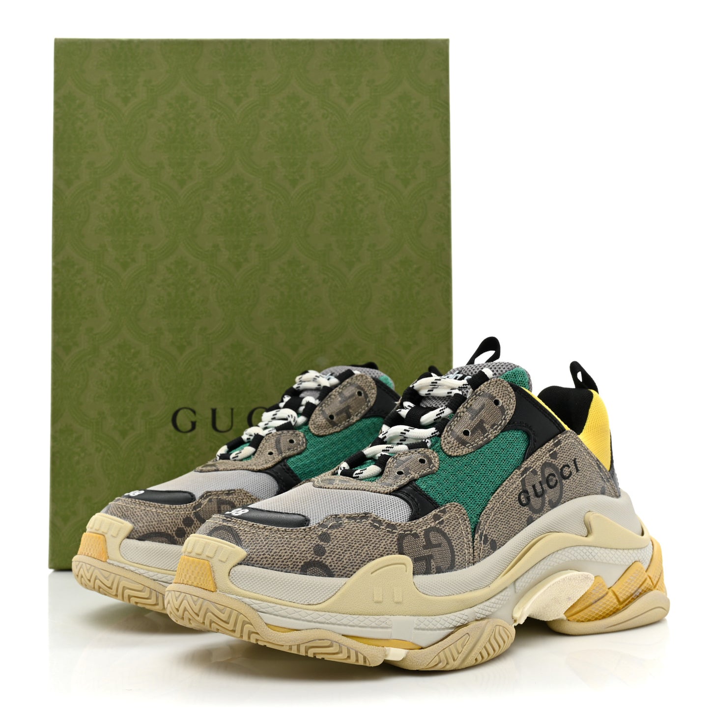 X GUCCI Maxi GG Supreme Monogram Womens Triple S Sneakers 38 Beige Ebony Black Green