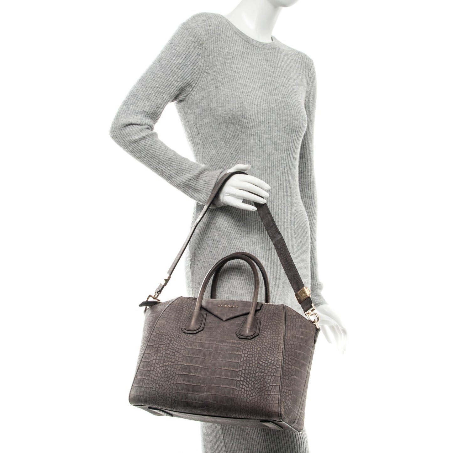 Nubuck Crocodile Embossed Medium Antigona Washed Black