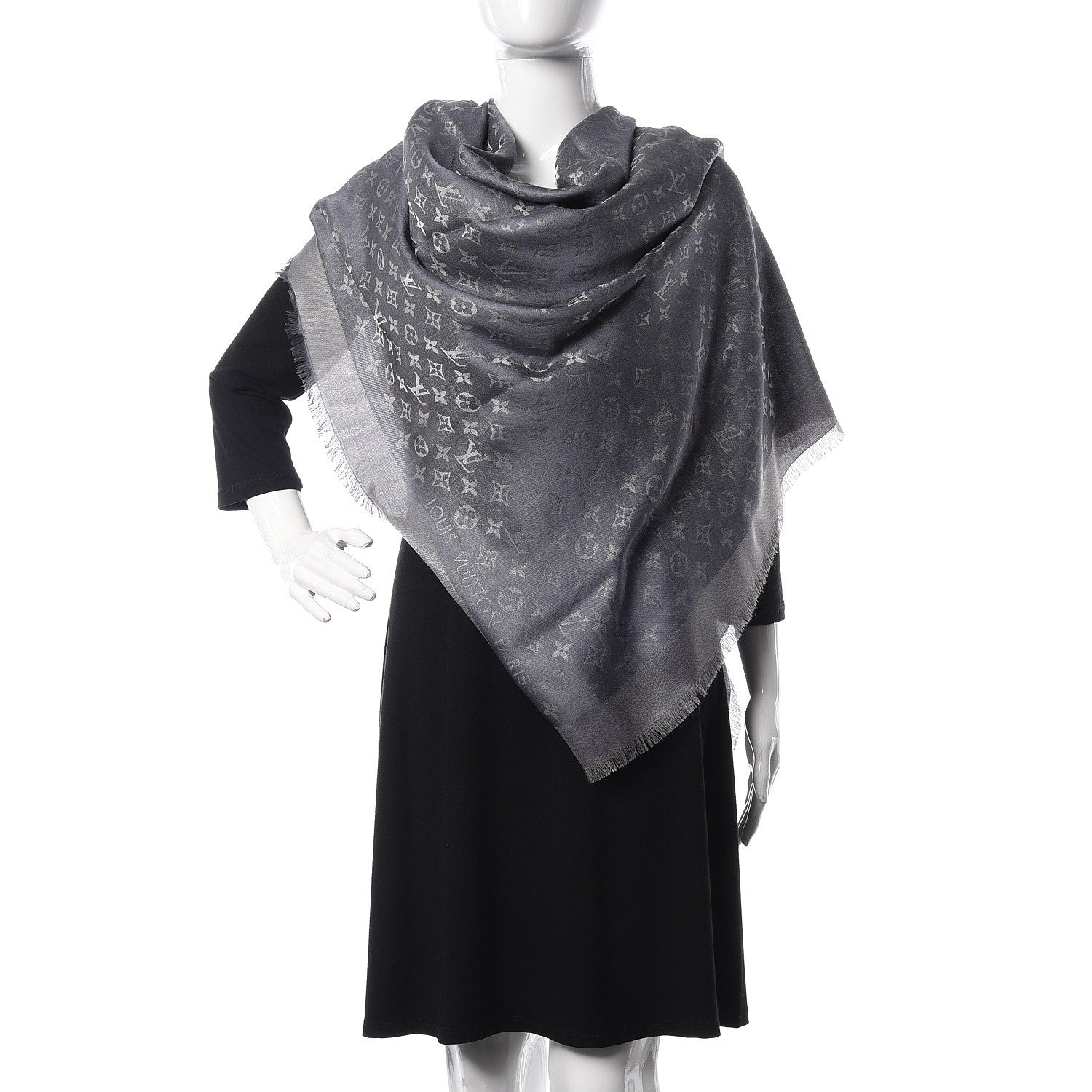 Louis Vuitton Silk Lurex Wool Monogram Shine Shawl Charcoal Grey 2 of 6