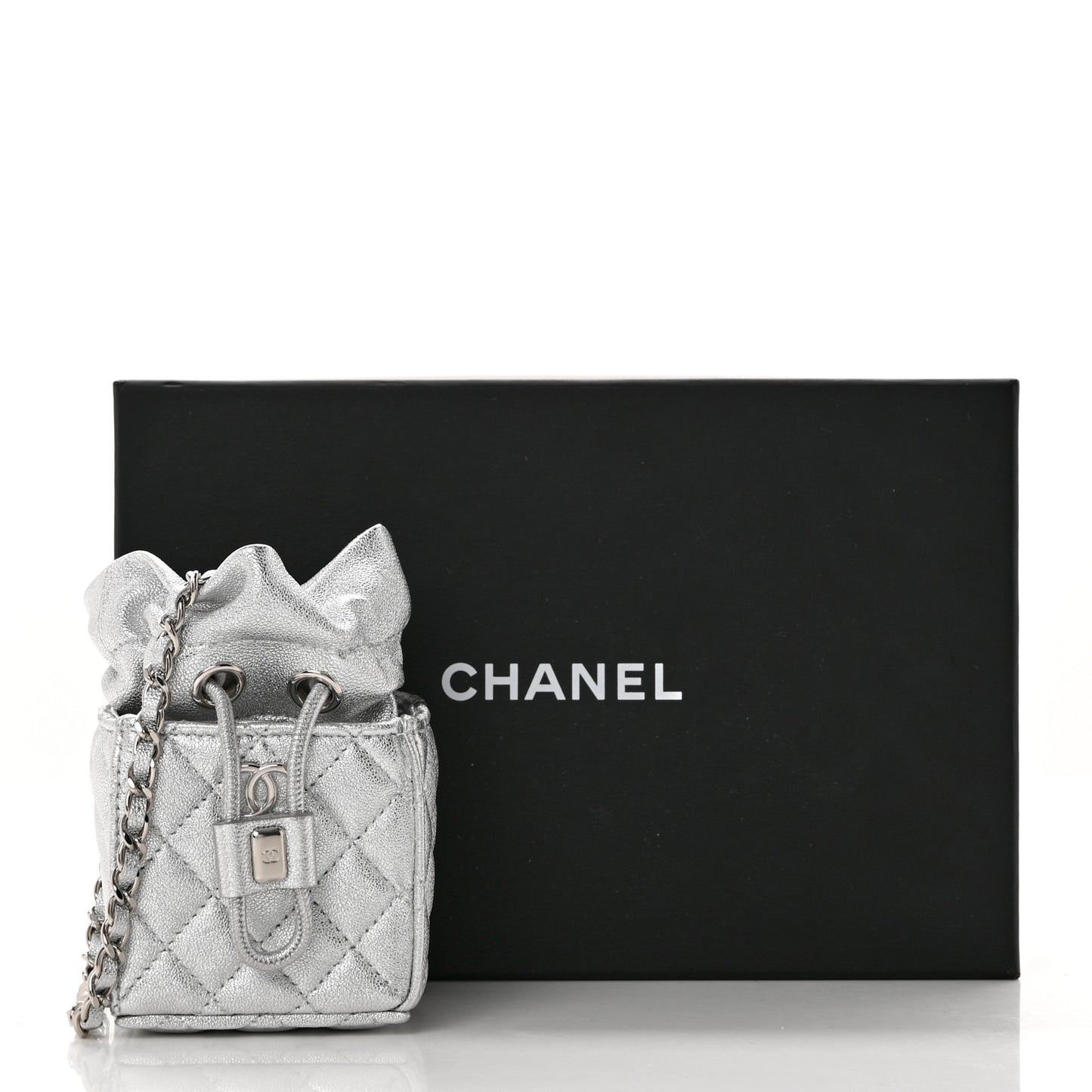 Metallic Caviar Quilted Mini Drawstring Bucket Bag Silver