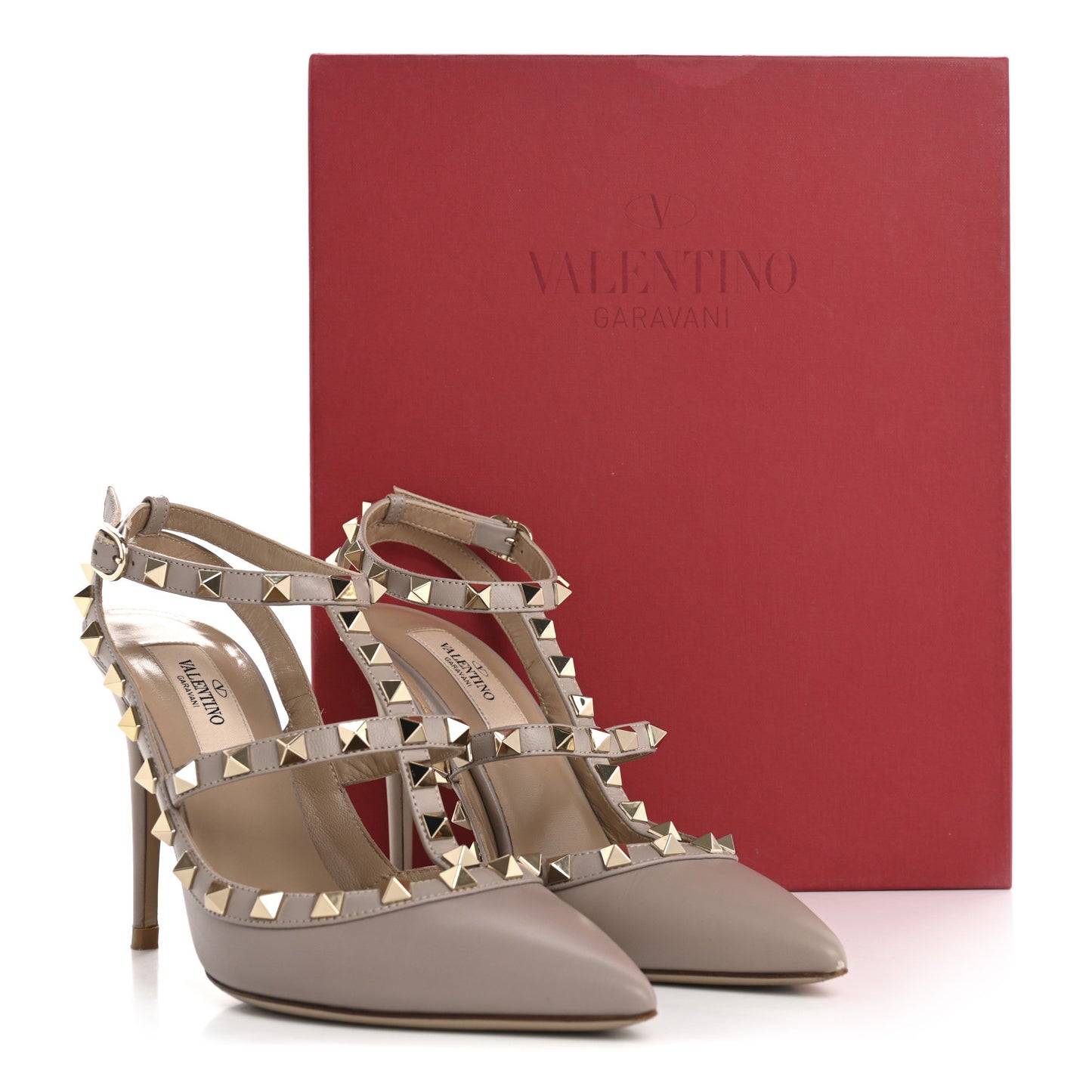 Calfskin Nappa Rockstud Ankle Strap 100mm Pumps 37 Poudre