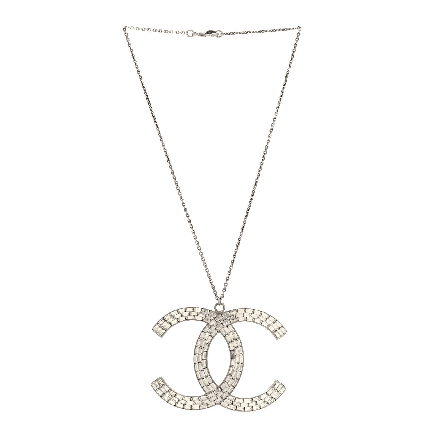 Chanel Baguette Crystal Large CC Pendant Necklace Silver 3 of 4