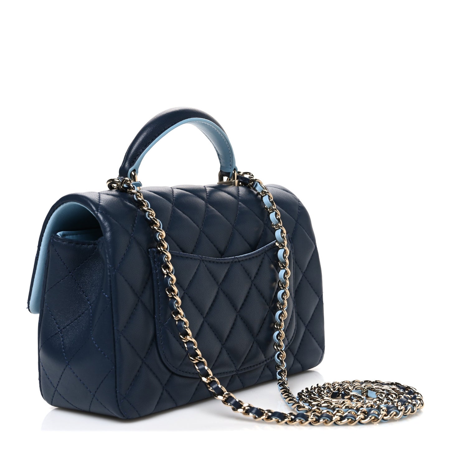 Lambskin Quilted Bi-Color Mini Top Handle Rectangular Flap Navy Blue Light Blue