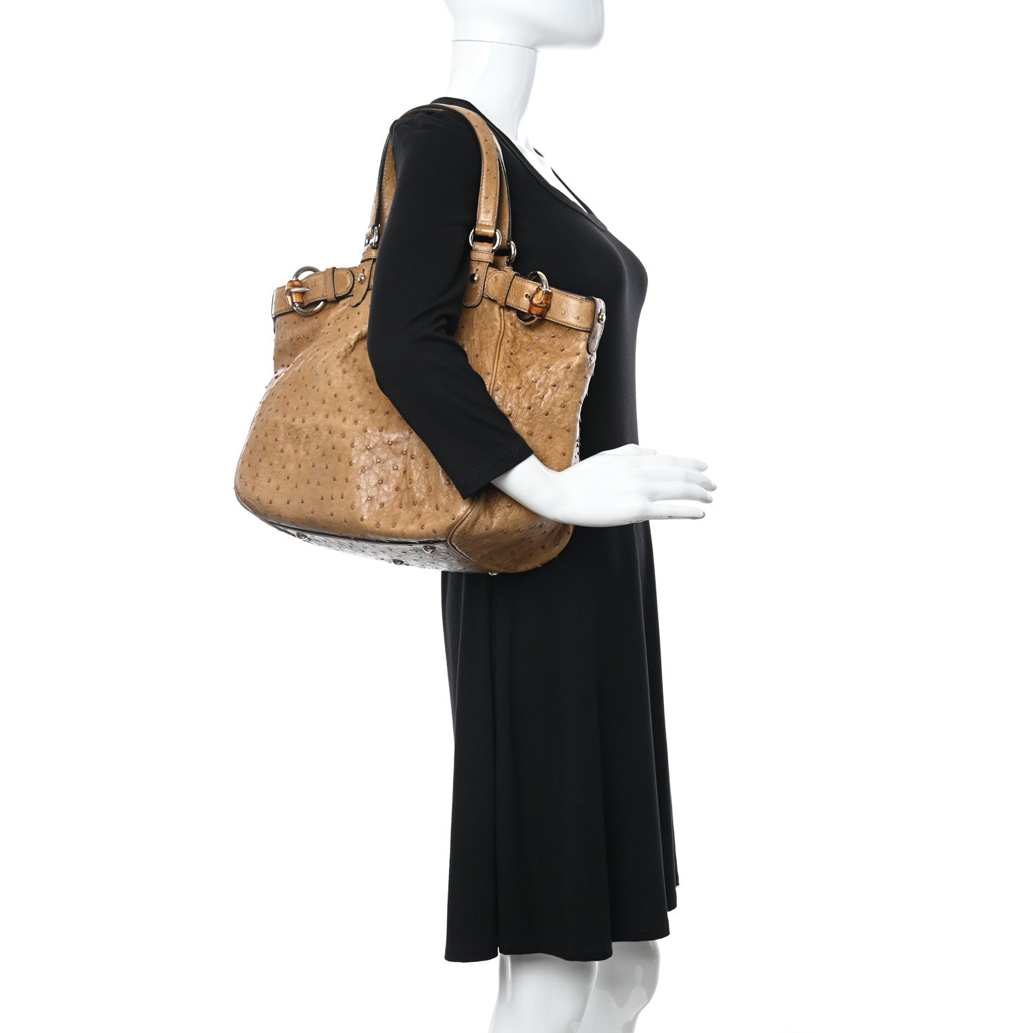 Gucci Ostrich Medium Bamboo Buckle Tote Tan 2 of 12
