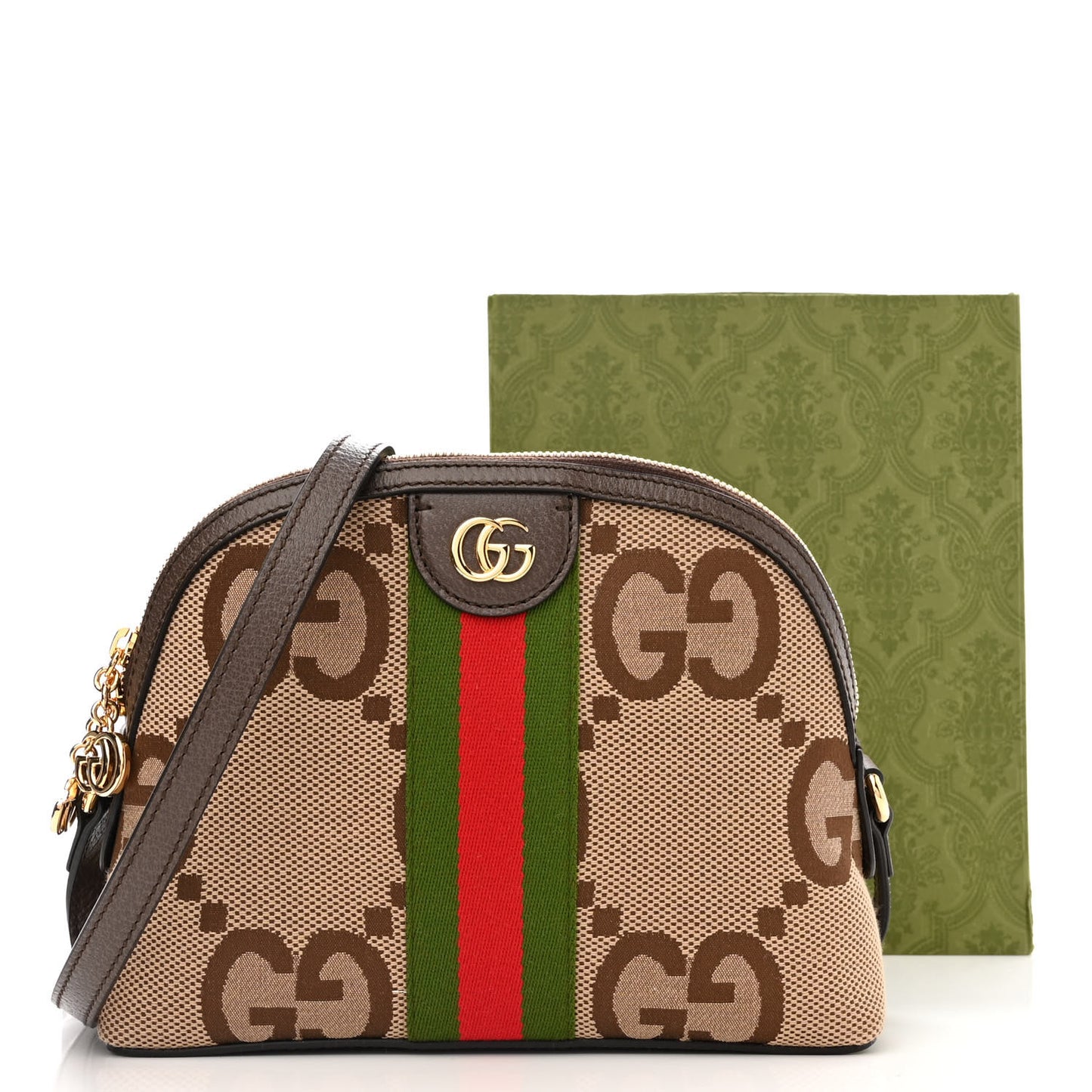 Monogram Jumbo GG Textured Dollar Calfskin Web Small Ophidia Dome Shoulder Bag Camel Ebony New Acero