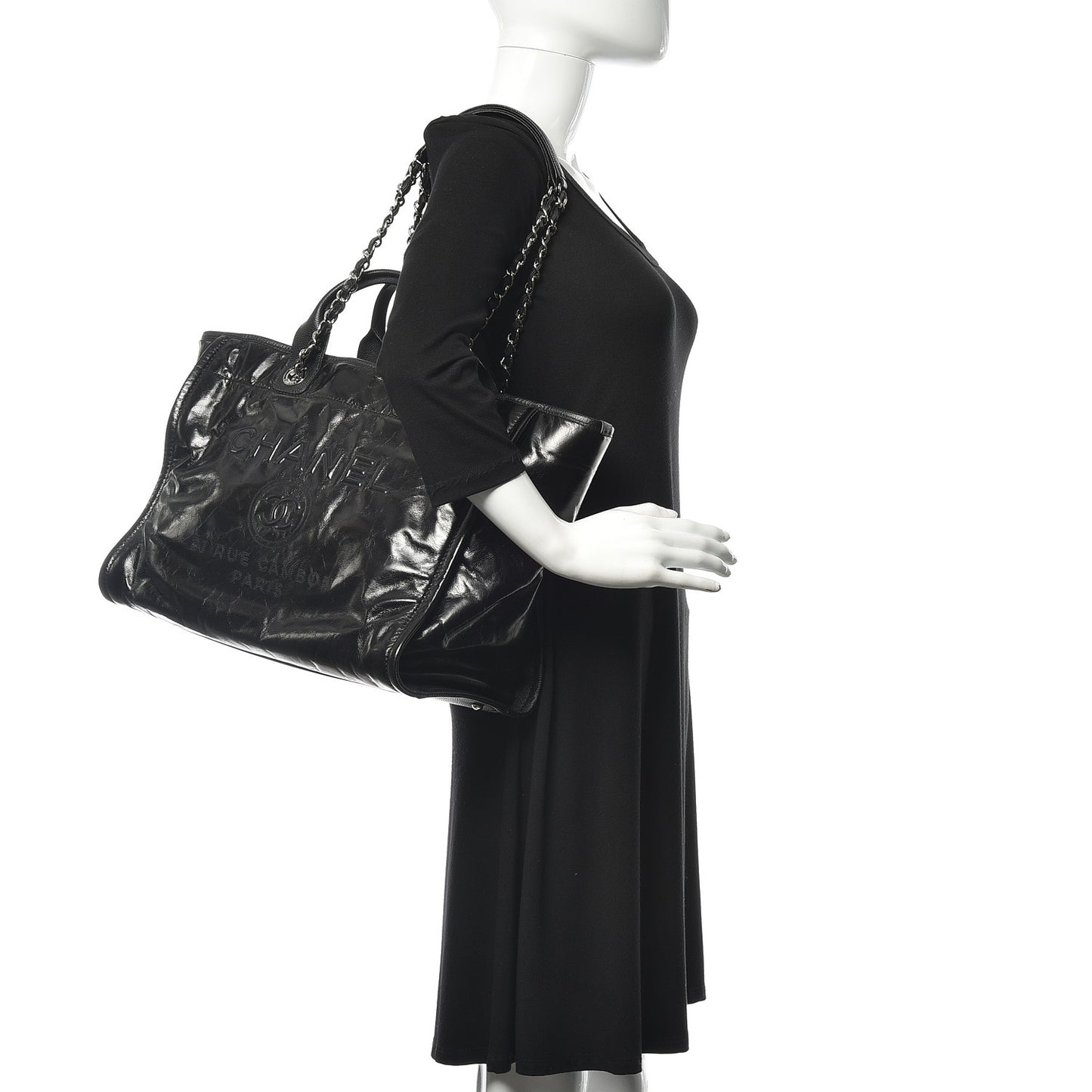 Glazed Calfskin Large Deauville Tote Black