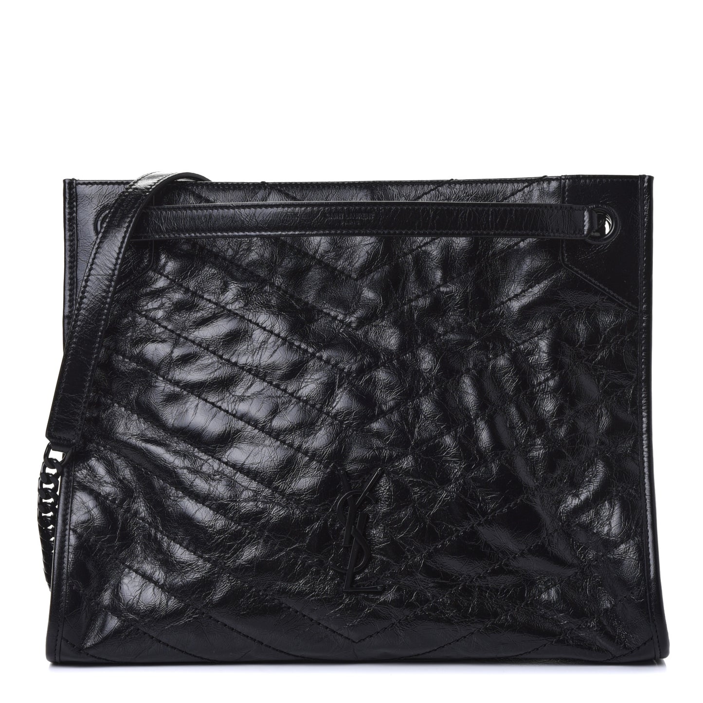 Crinkled Calfskin Matelasse Monogram Medium Niki Shopper Tote Black