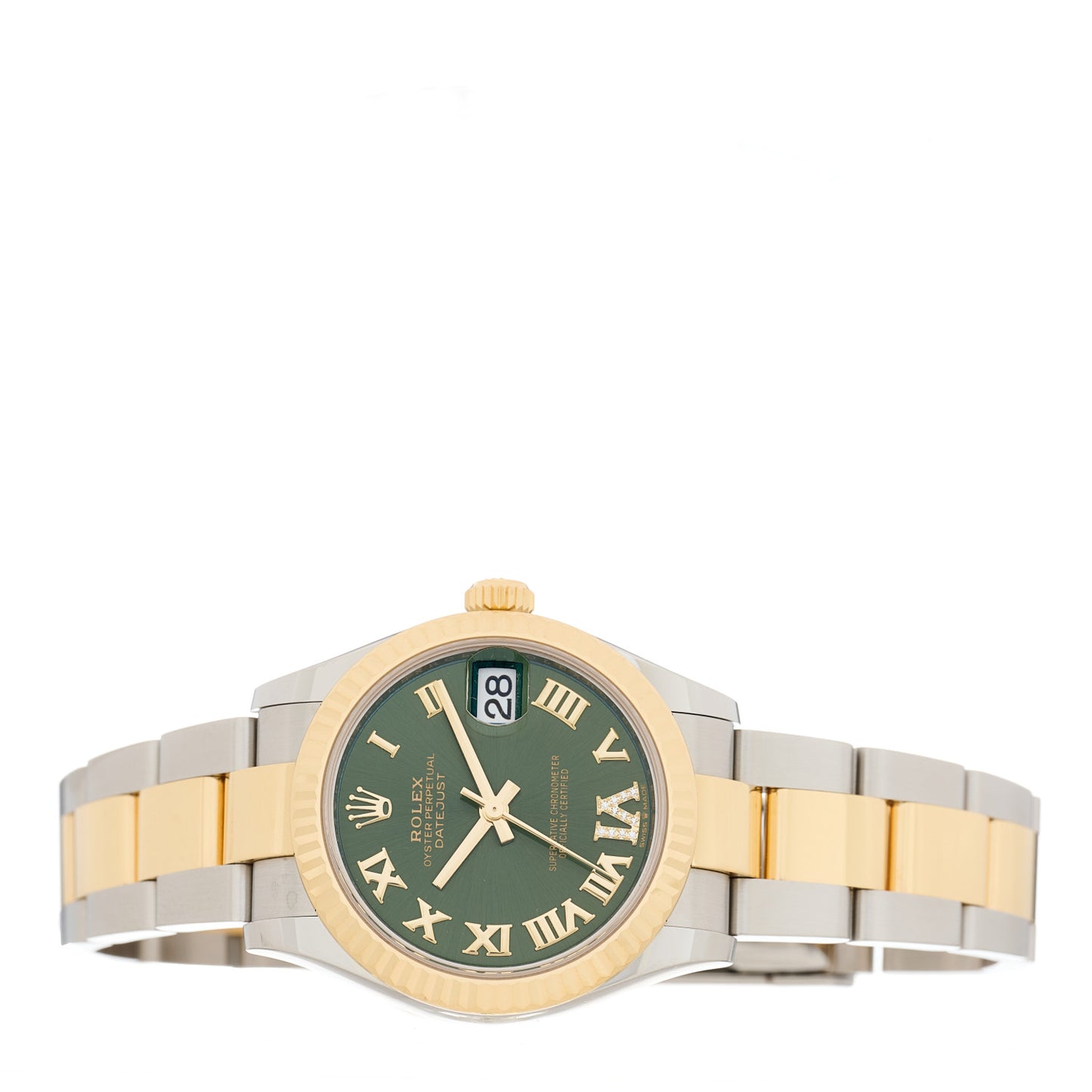 Stainless Steel 18K Yellow Gold Diamond 31mm Oyster Perpetual Datejust Watch Olive Green Roman 278273