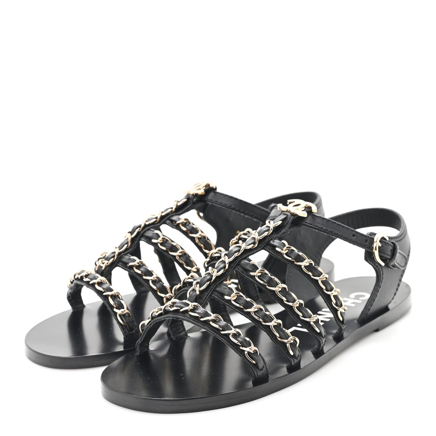 Calfskin Multi Chain CC Sandals 37 Black 36 Black