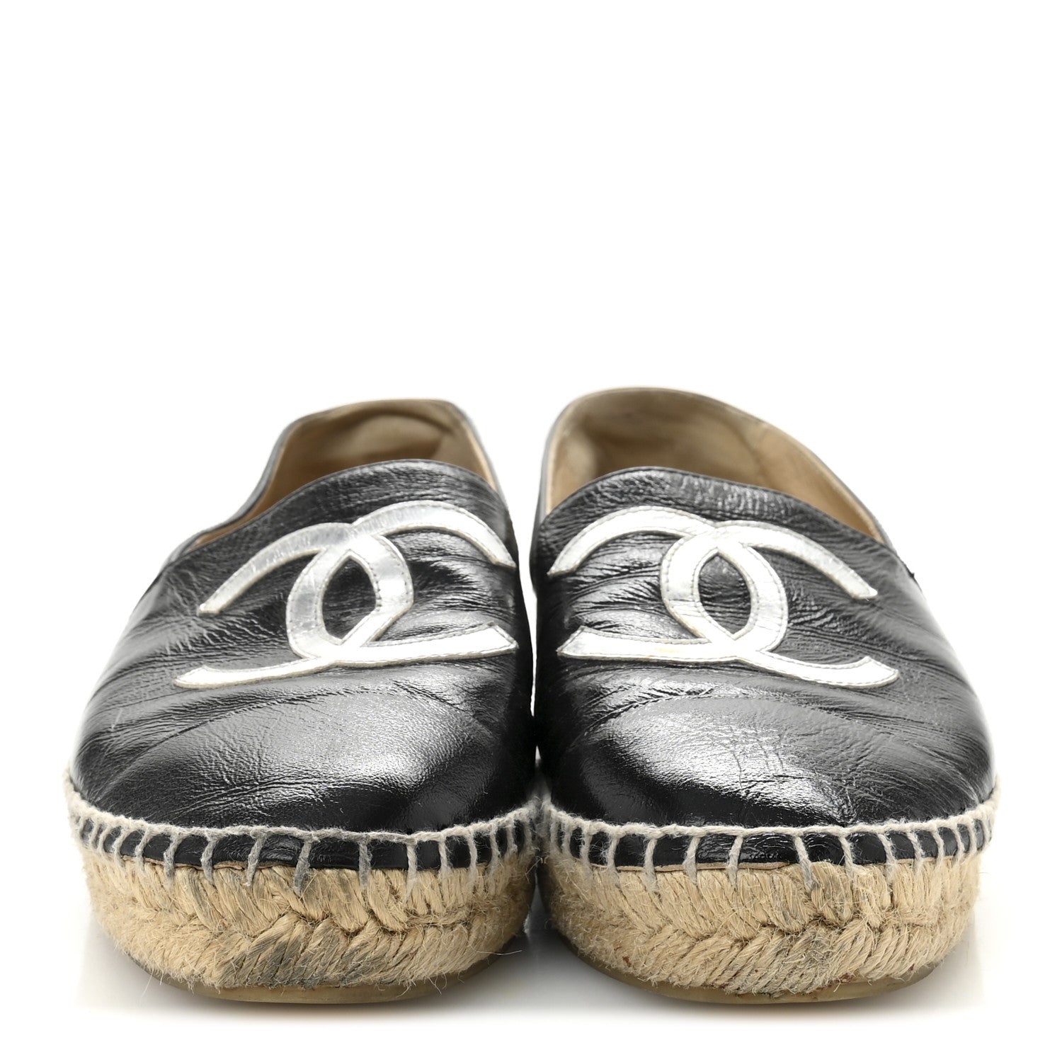Chanel Patent Calfskin Metallic Goatskin CC Espadrilles 36 Black Silver 3 of 11