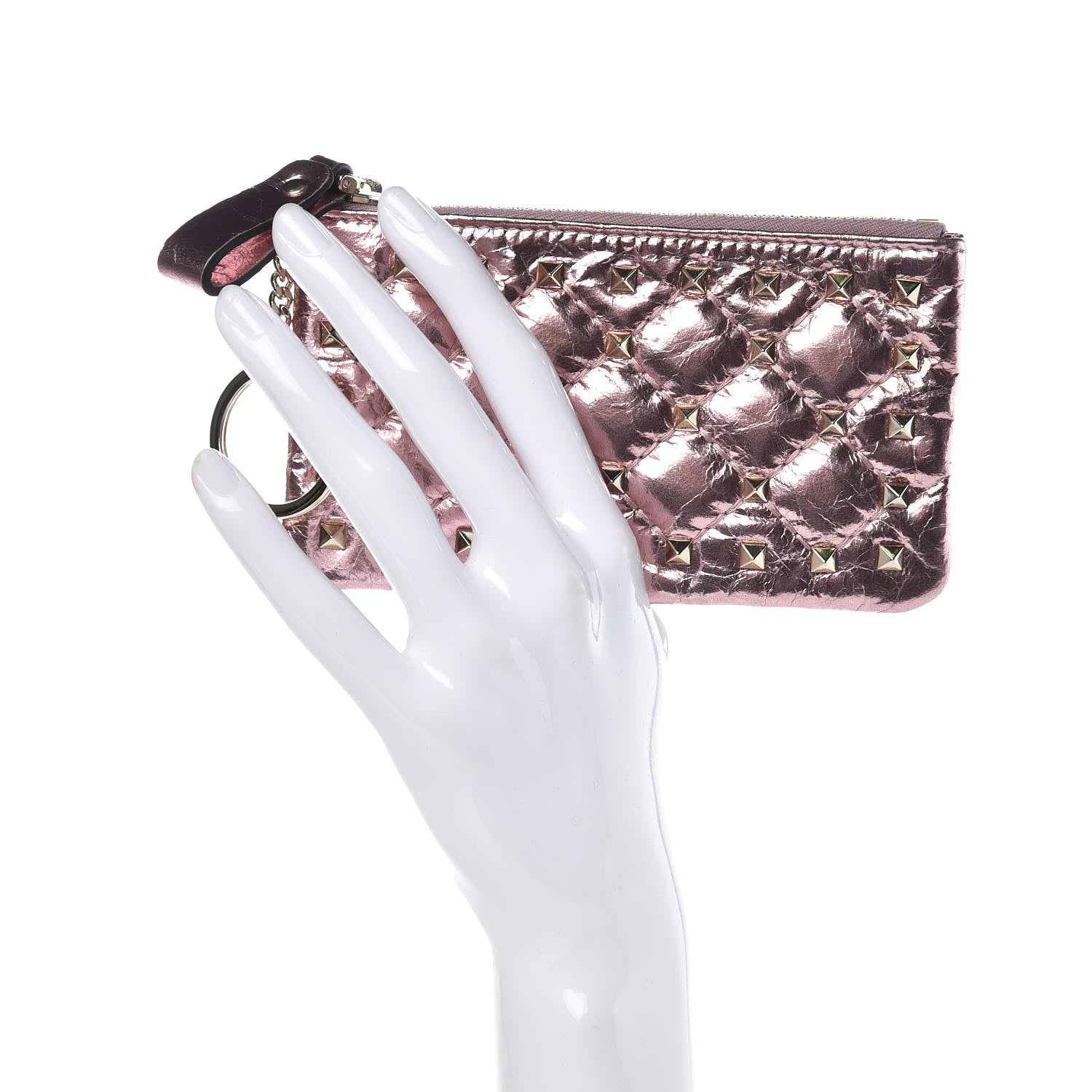 Valentino Garavani Metallic Wrinkled Lambskin Rockstud Spike Zip Coin Purse Lipstick 2 of 8