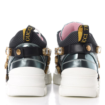 Gucci X SEGA Metallic Calfskin Removable Crystals Womens Flashtrek Sneakers 36.5 Lago Loess Silver 7 of 9