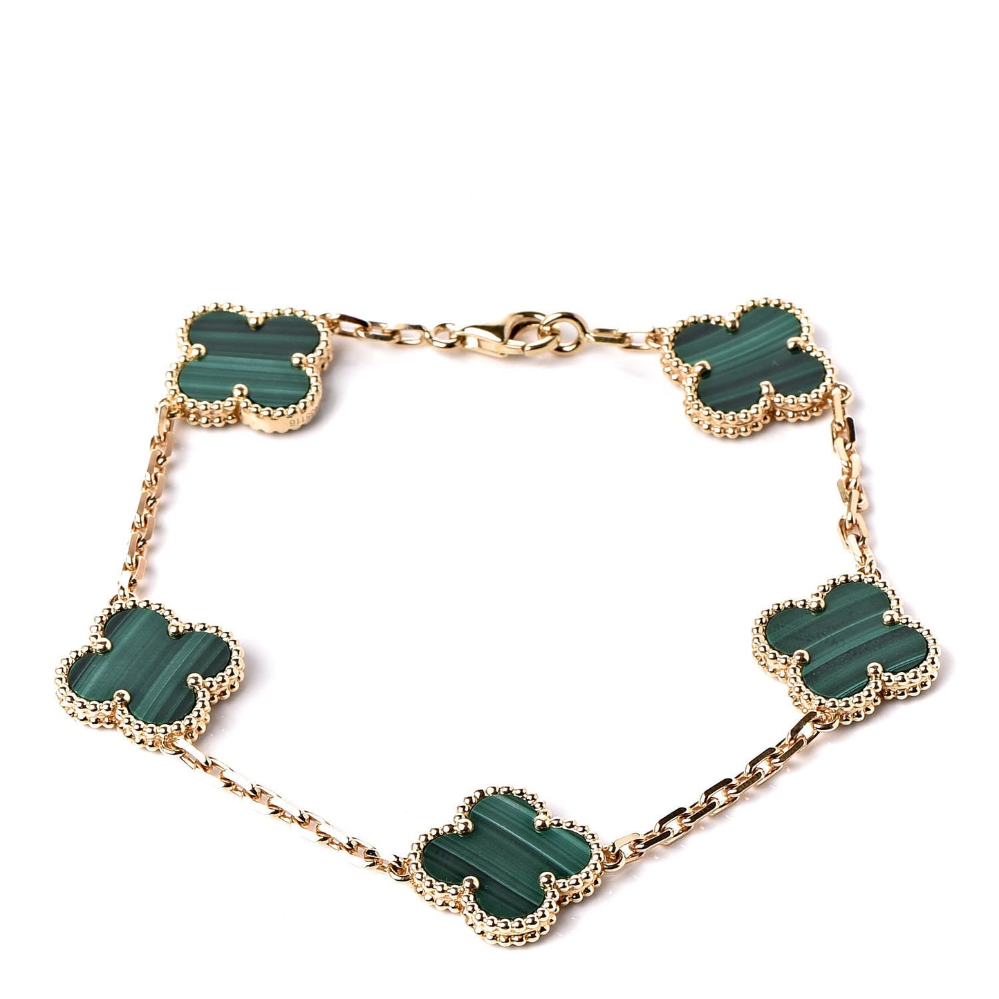 18K Yellow Gold Malachite 5 Motifs Vintage Alhambra Bracelet