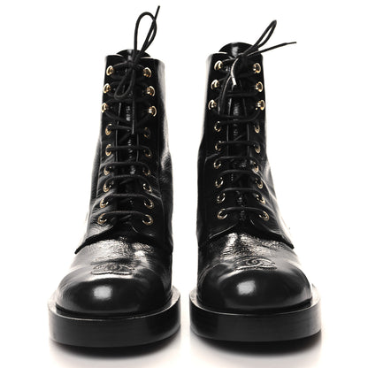 Chanel Shiny Goatskin Cap Toe Combat Boots 37.5 Black Dark Grey 2 of 8