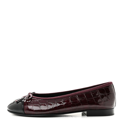 Chanel Patent Calfskin Crocodile Embossed Ballerina Flats 37 Dark Burgundy Black 1 of 10