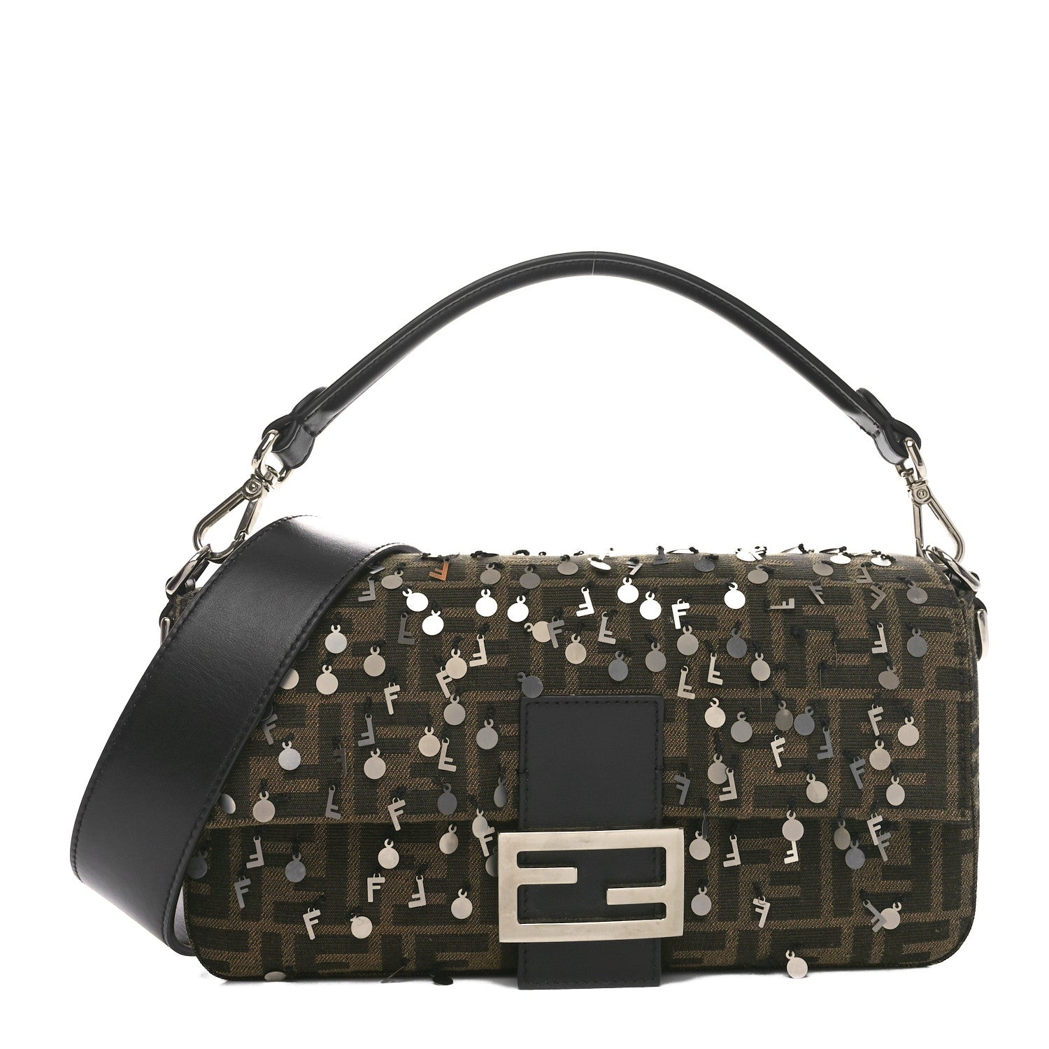 Fendi Fabric Jacquard F Paillettes Vitello Cover FF 1974 Embroidered Baguette Tobacco Moro Argento 1 of 11