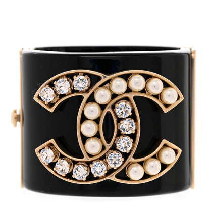 Chanel Resin Crystal Pearl CC Cuff Black 1 of 8
