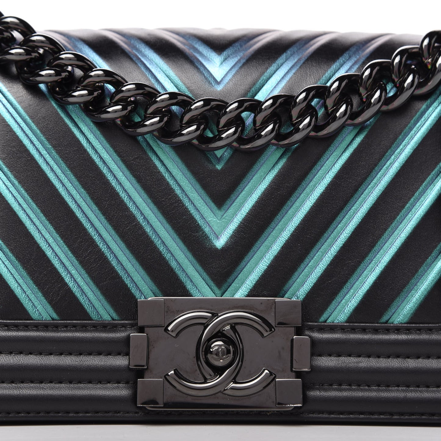 Calfskin Painted Chevron Embossed Small Boy Flap Black