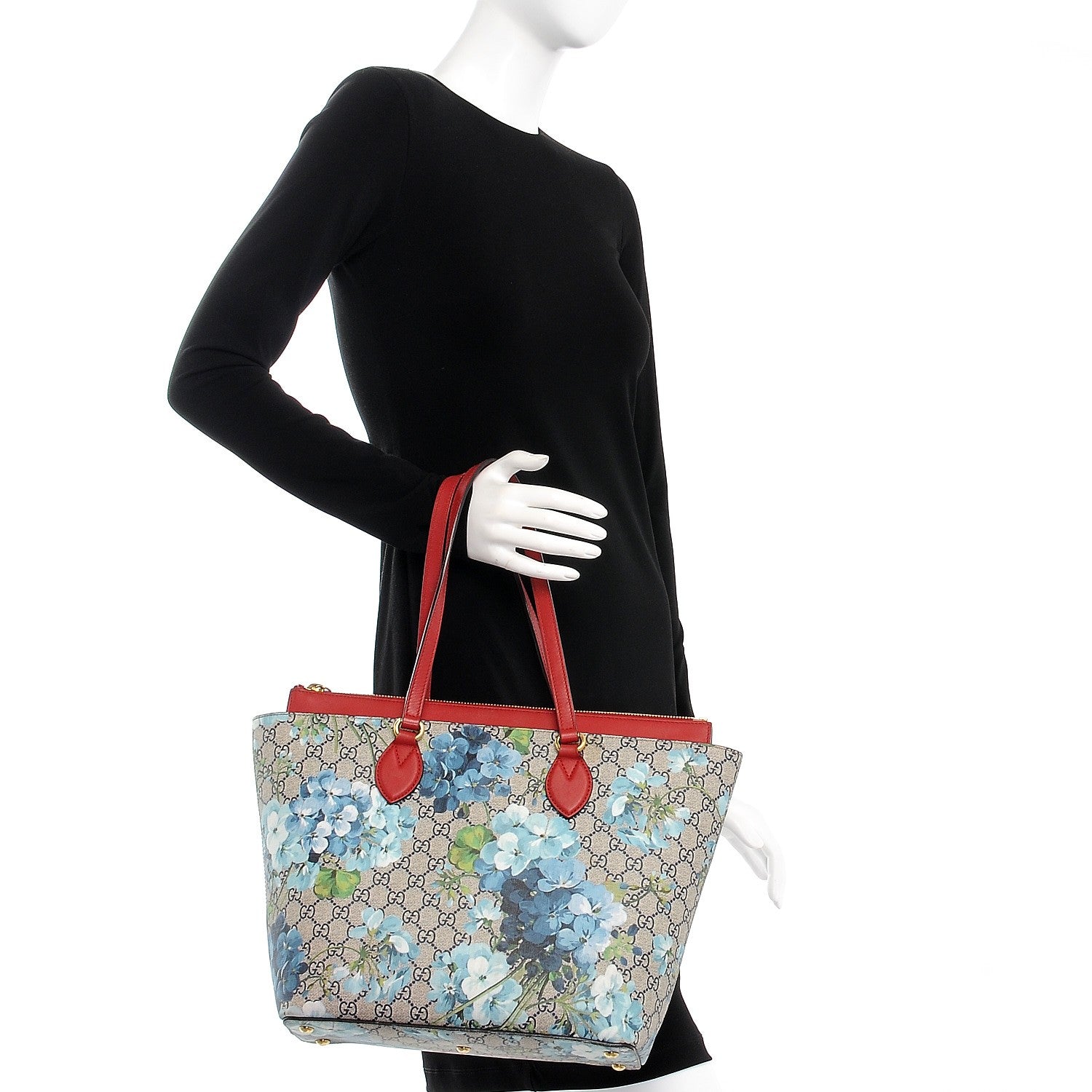 Gucci GG Supreme Monogram Blooms Medium Zippered Bucket Tote Beige Blue Navy Hibiscus Red 2 of 9