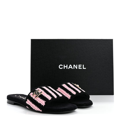 Chanel Crochet Striped Enamel Camellia Mules Sandals 36.5 Pink Black 10 of 10