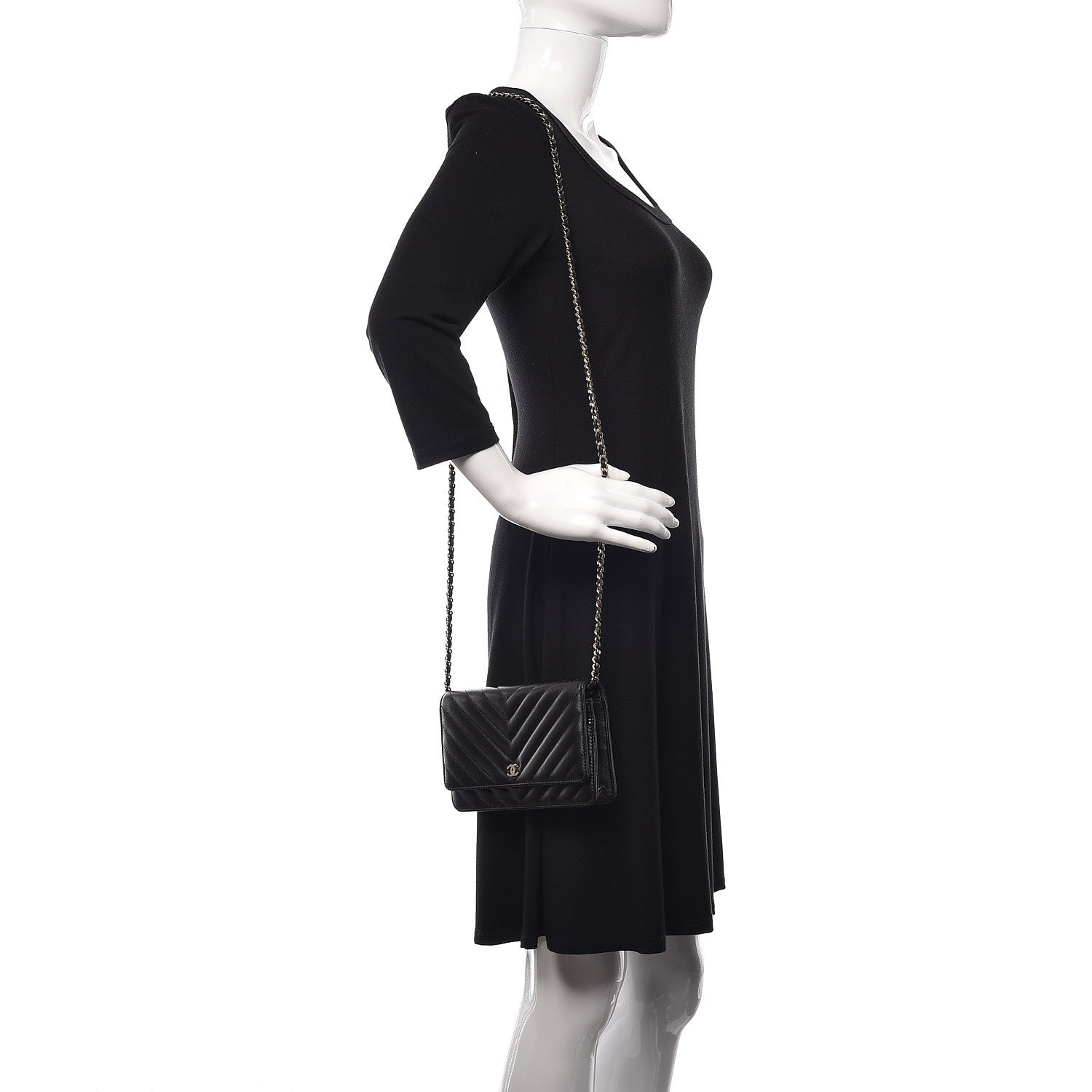Chanel Lambskin Chevron Quilted Wallet On Chain WOC Black 2 of 12