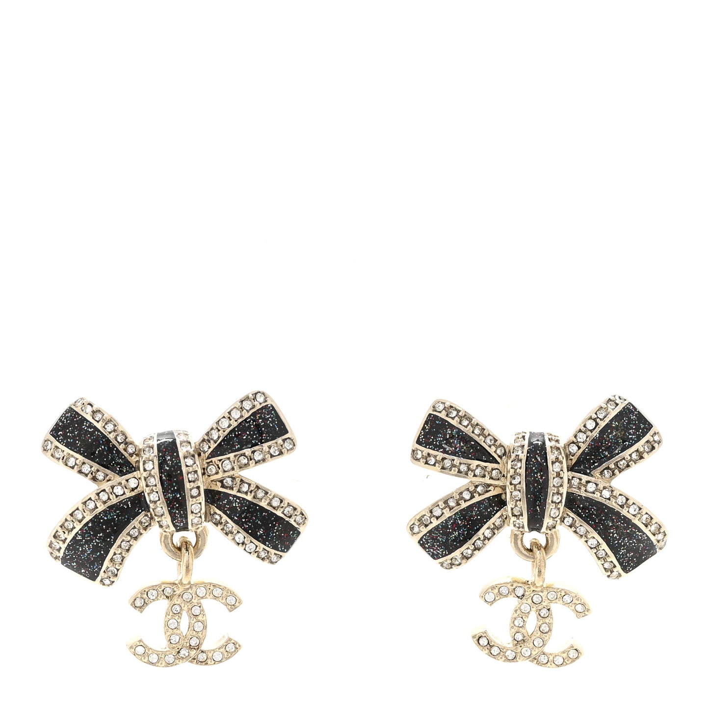 Crystal Glitter Bow Drop CC Earrings Gold Black