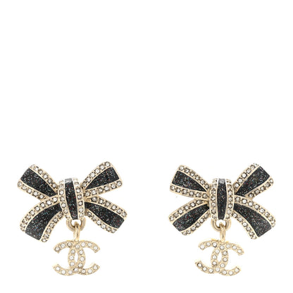Chanel Crystal Glitter Bow Drop CC Earrings Gold Black 1 of 5